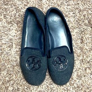 Tory Burch “slipper” shoes.  Gray/navy wool feel.